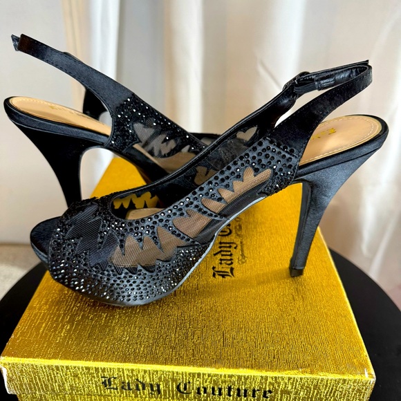 New Lady‎ Couture Dream Peep Toe 5.5” Heels Black with Black Mesh & Rhinestones - Picture 1 of 14